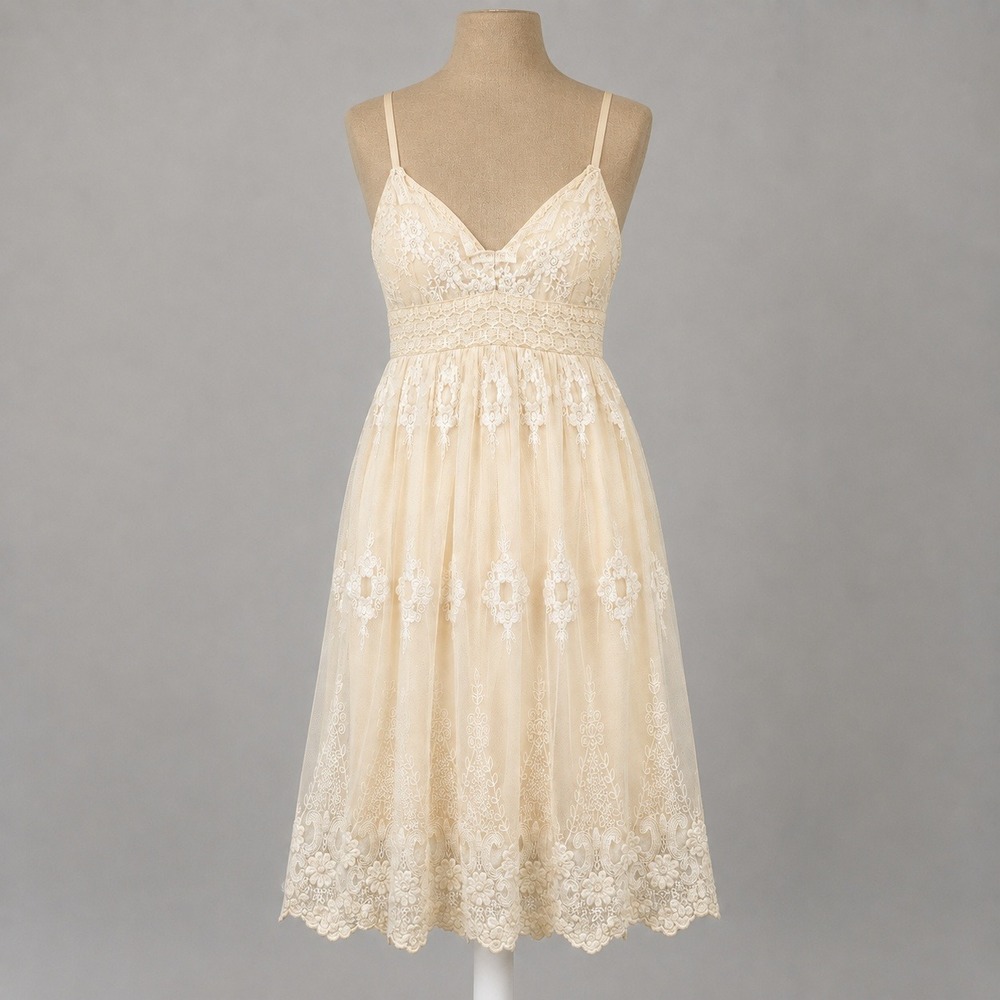 Crochet Fairy Lace Tiered Babydoll Dress Size S Cream Peasant Boho Cottagecore